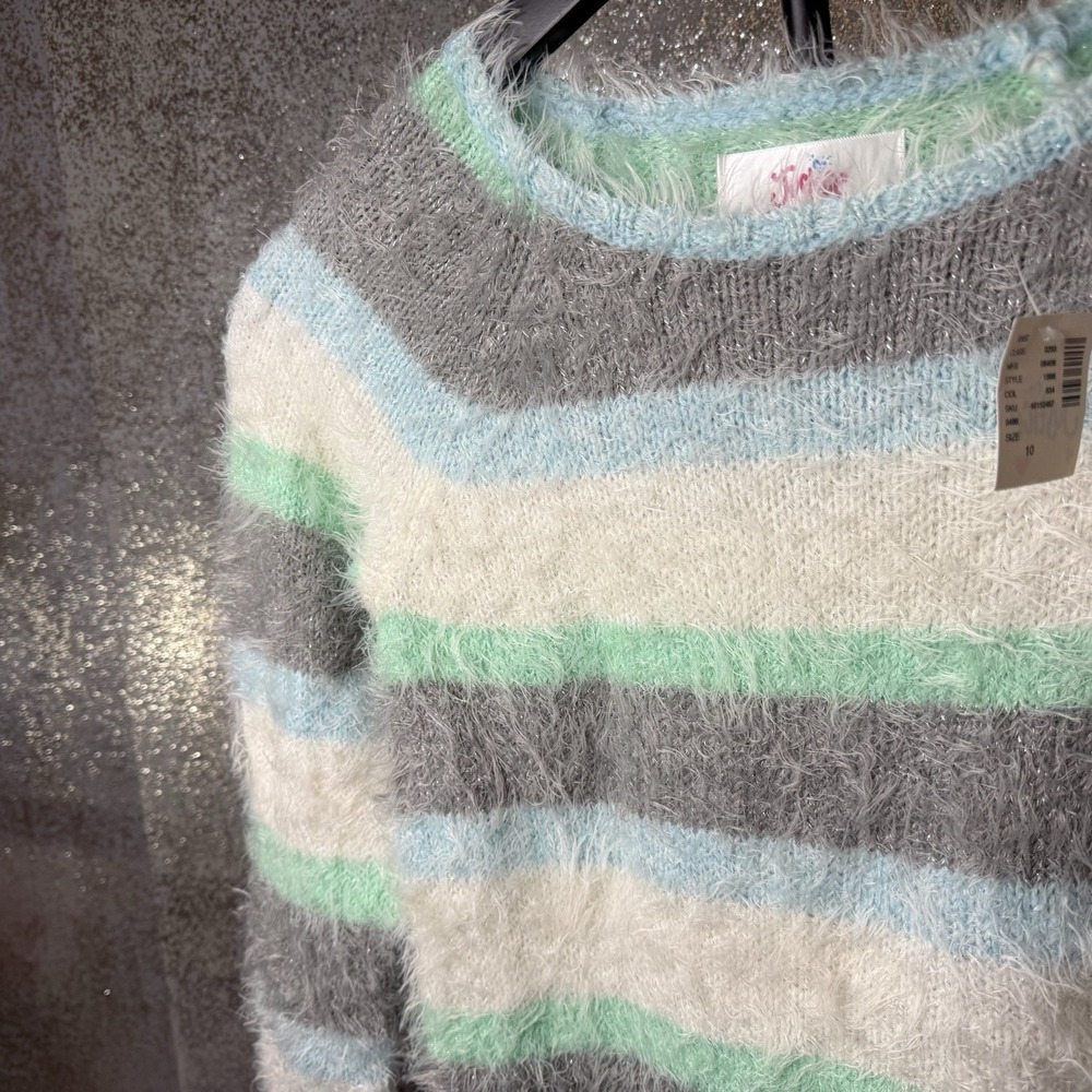 Justice Girls Size 10 NWT Shag Fuzzy Sweater Striped Green Blue Gray Pullover - Picture 3 of 7